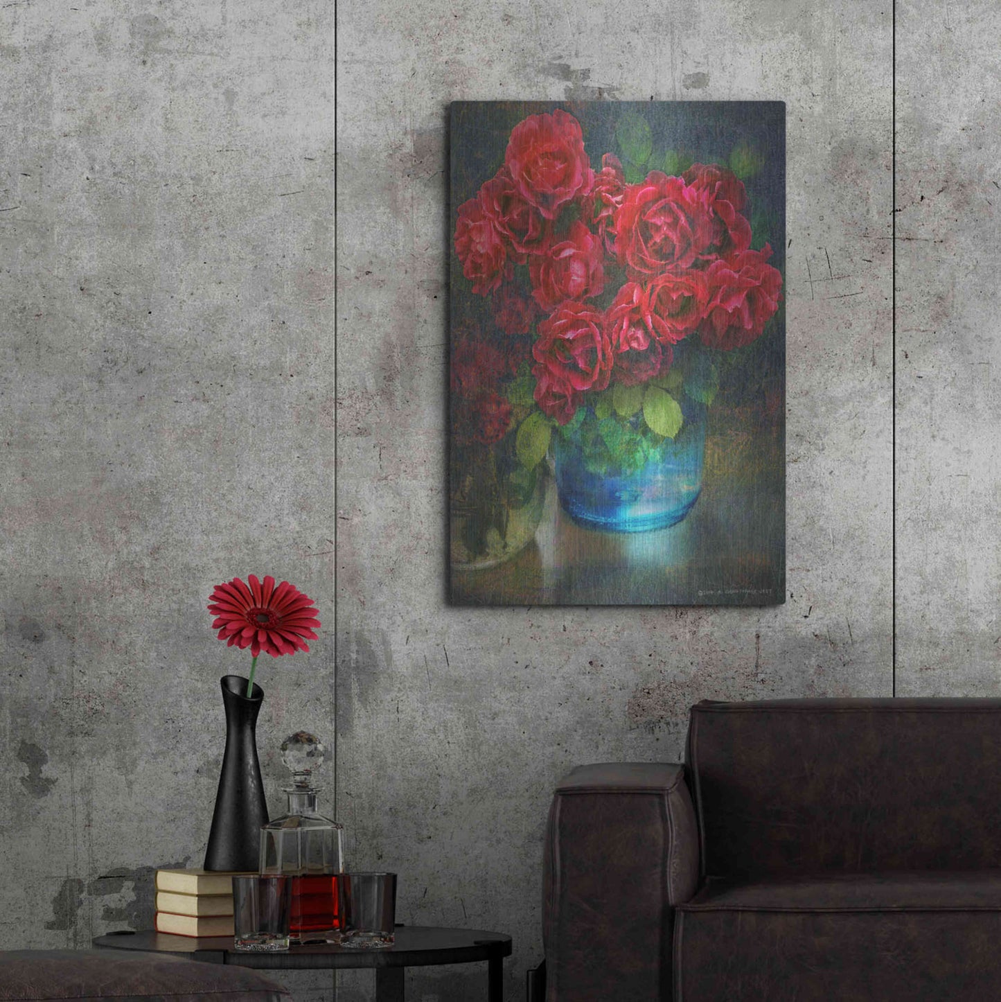 Luxe Metal Art 'Roses in Blue Jar' by Chris Vest, Metal Wall Art,24x36