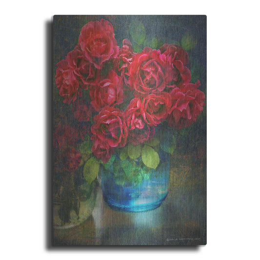 Luxe Metal Art 'Roses in Blue Jar' by Chris Vest, Metal Wall Art