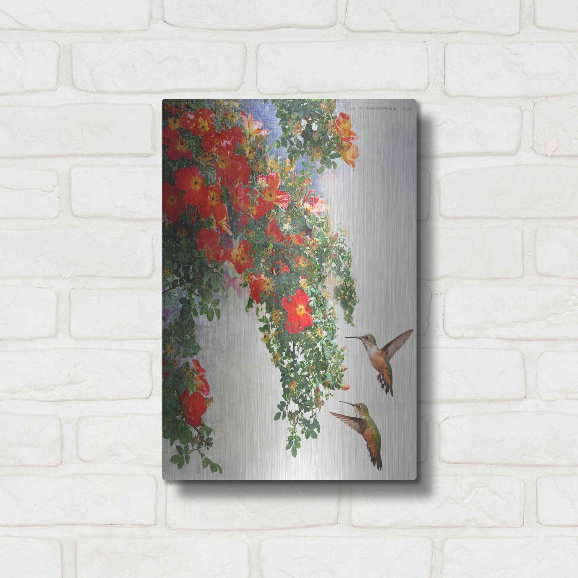 Luxe Metal Art 'Hanging Red Roses and Hummers' by Chris Vest, Metal Wall Art,12x16