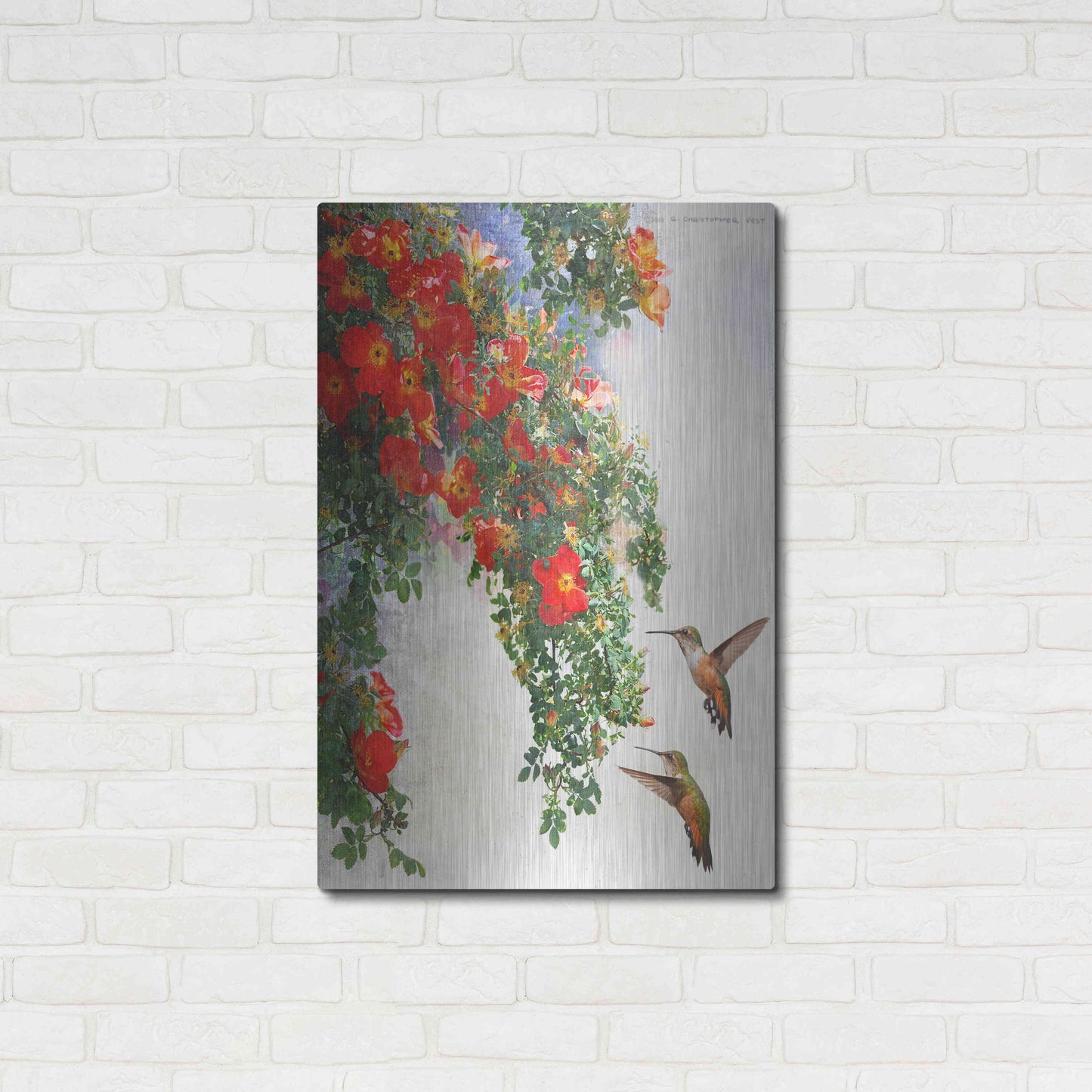 Luxe Metal Art 'Hanging Red Roses and Hummers' by Chris Vest, Metal Wall Art,24x36