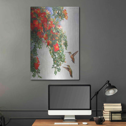 Luxe Metal Art 'Hanging Red Roses and Hummers' by Chris Vest, Metal Wall Art,24x36