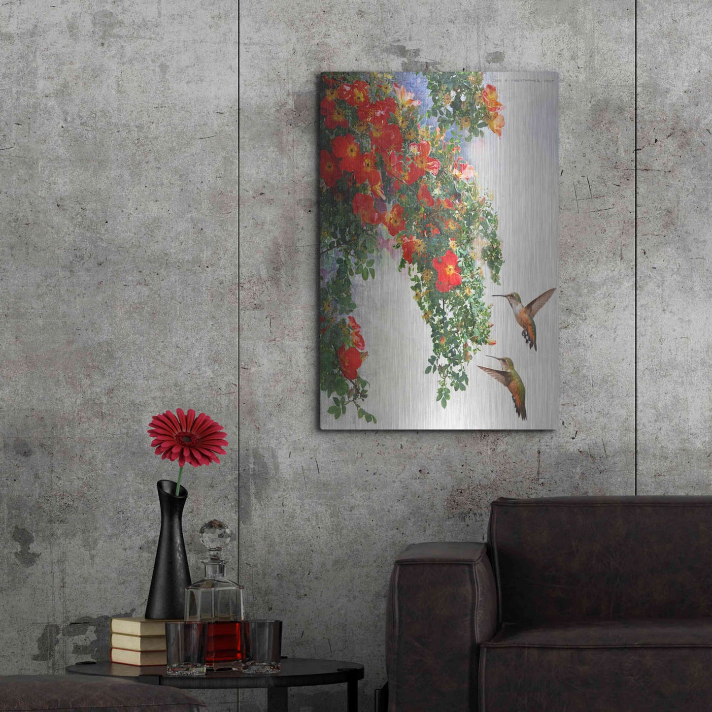 Luxe Metal Art 'Hanging Red Roses and Hummers' by Chris Vest, Metal Wall Art,24x36