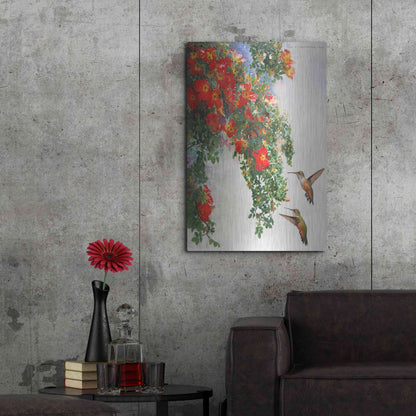 Luxe Metal Art 'Hanging Red Roses and Hummers' by Chris Vest, Metal Wall Art,24x36