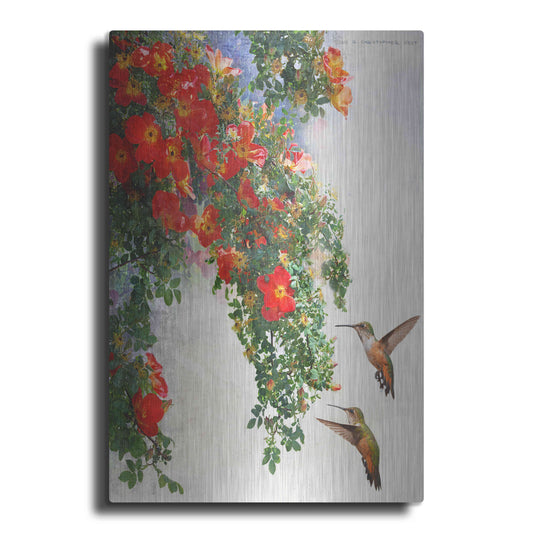 Luxe Metal Art 'Hanging Red Roses and Hummers' by Chris Vest, Metal Wall Art