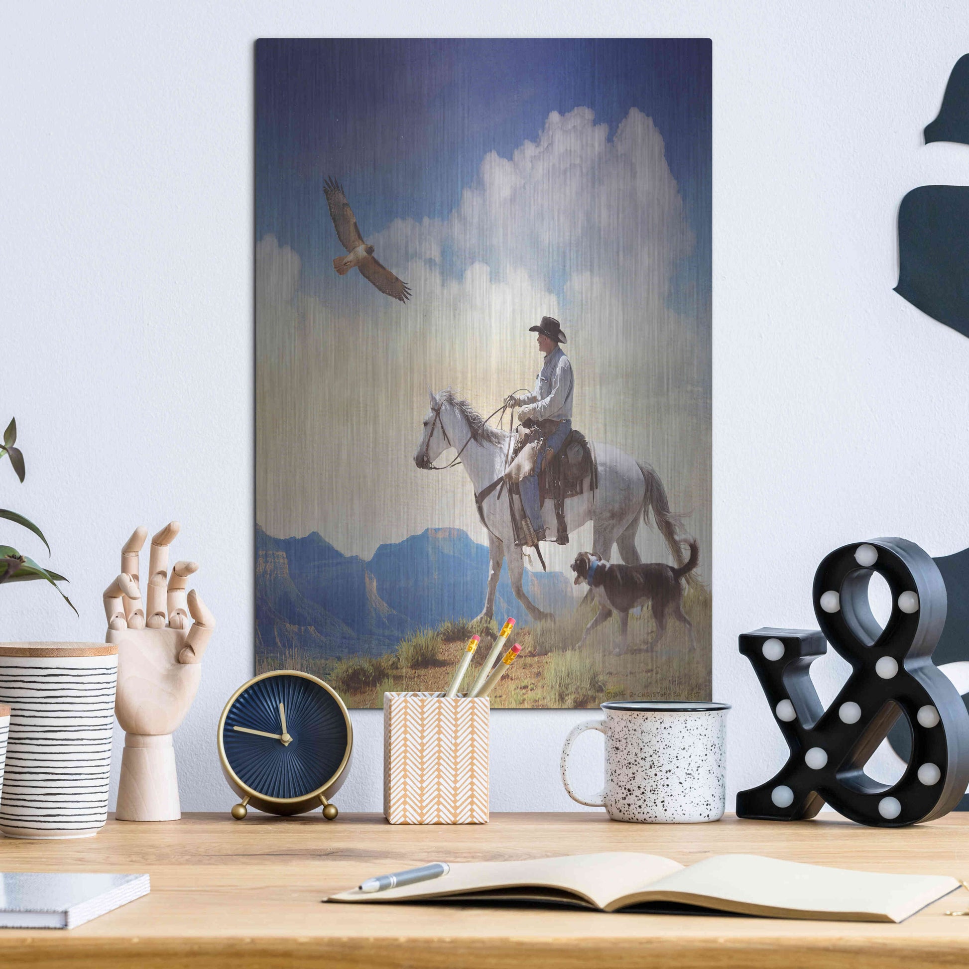 Luxe Metal Art 'Cowboy with Dog and Hawk' by Chris Vest, Metal Wall Art,12x16