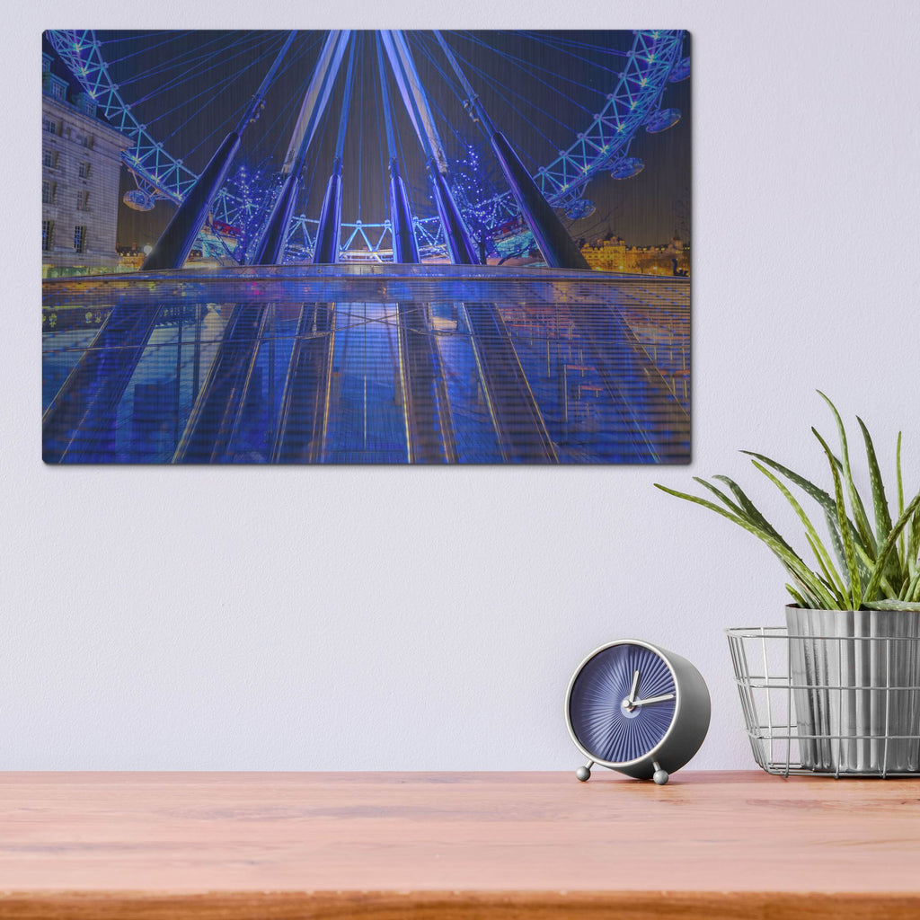 Luxe Metal Art 'London Eye Grounded' by Mark A Paulda, Metal Wall Art,16x12