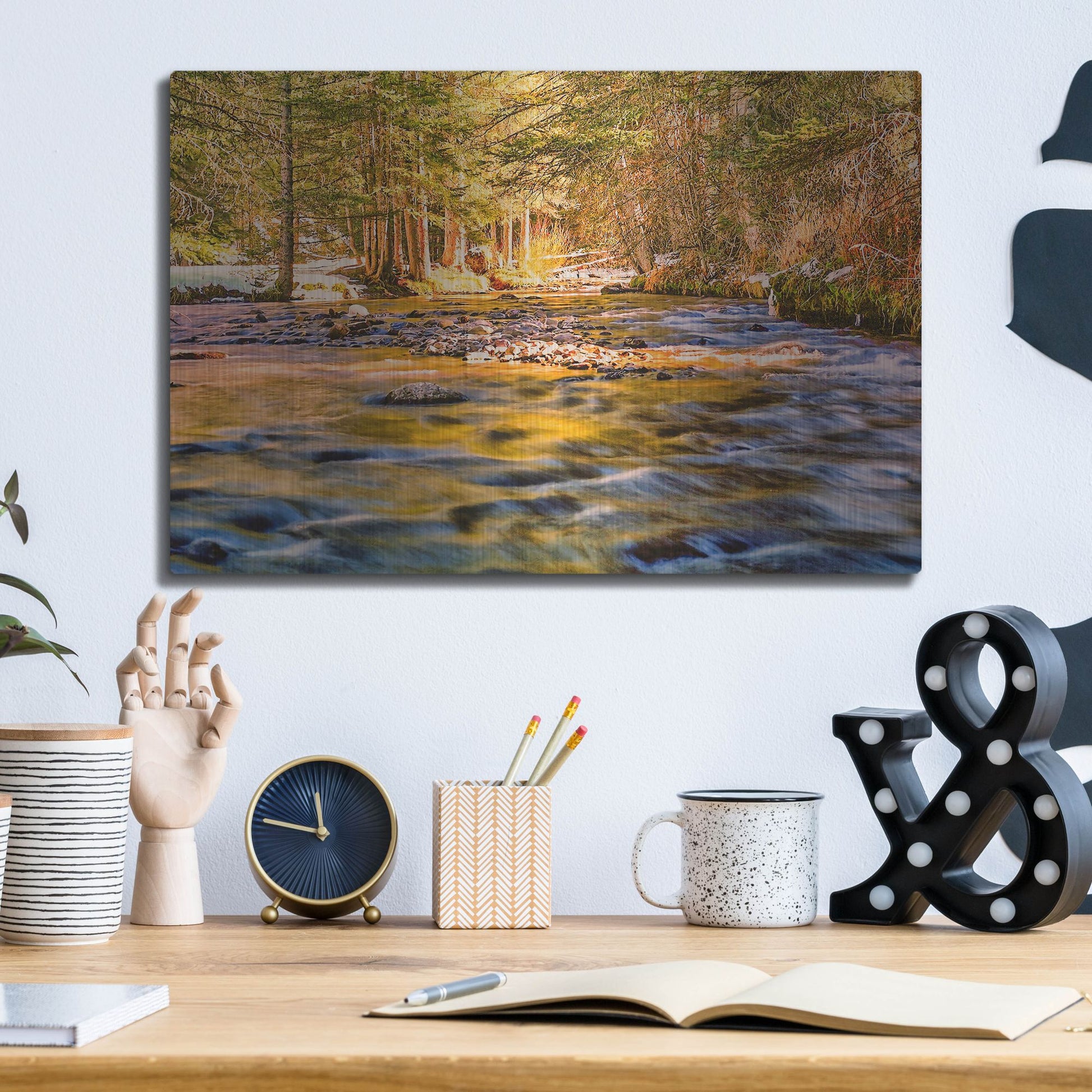 Luxe Metal Art 'Golden Hour River Reflection' by Mark A Paulda, Metal Wall Art,16x12