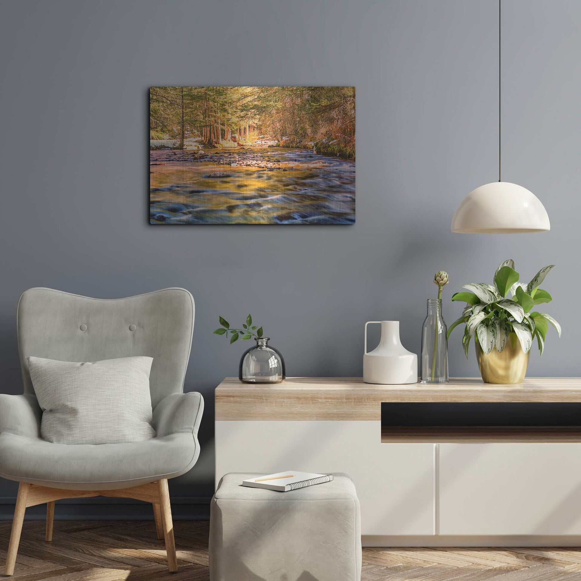 Luxe Metal Art 'Golden Hour River Reflection' by Mark A Paulda, Metal Wall Art,24x16