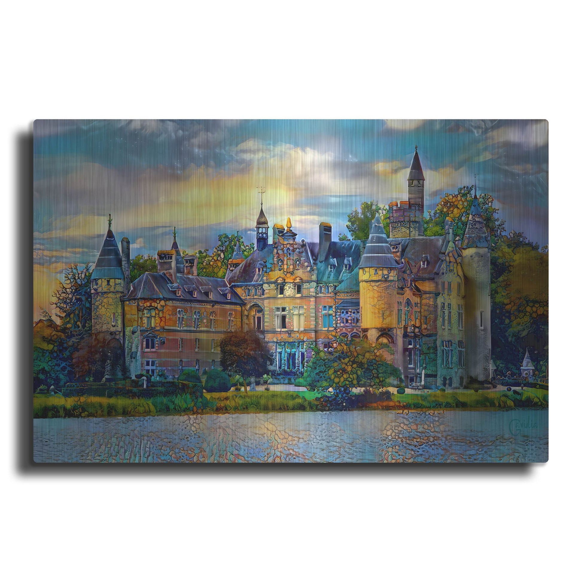 Luxe Metal Art 'Antwerp Belgium Bornhem Castle' by Pedro Gavidia, Metal Wall Art