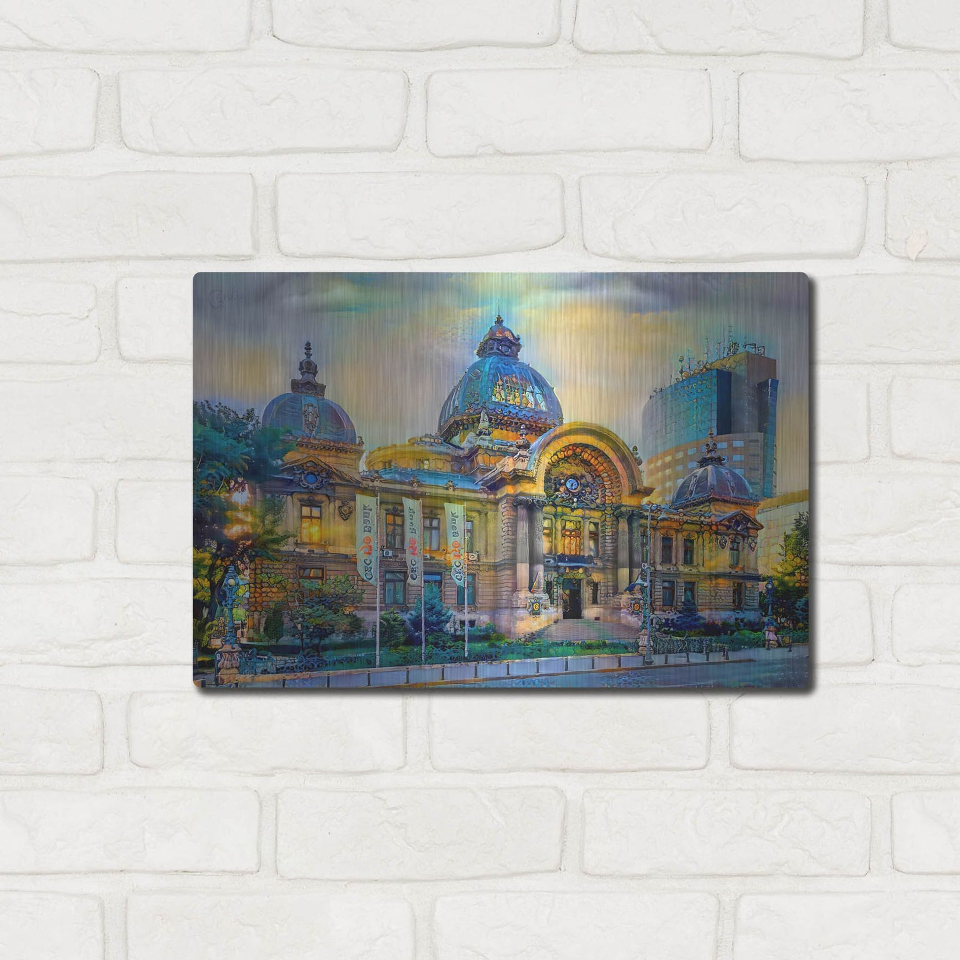 Luxe Metal Art 'Bucharest Romania Cec Palace' by Pedro Gavidia, Metal Wall Art,16x12