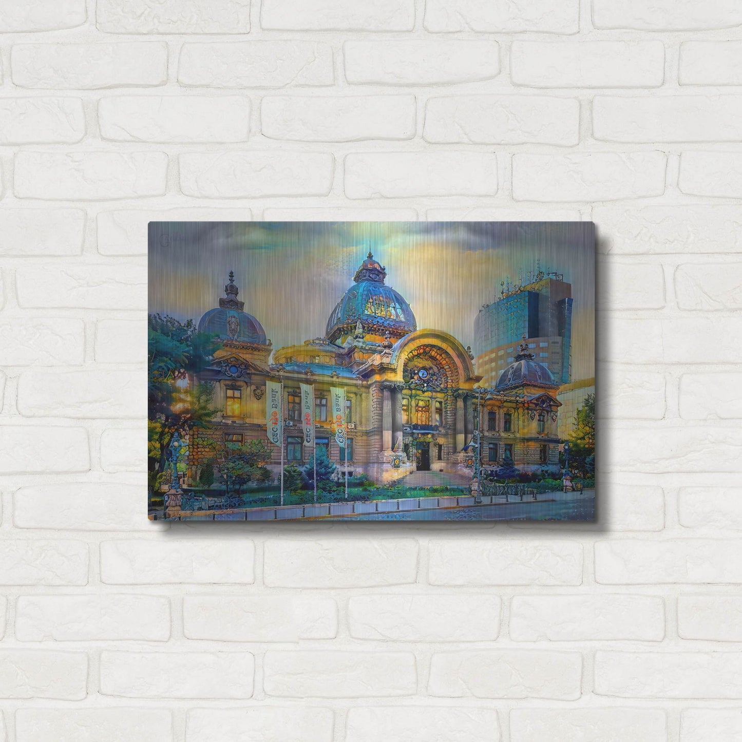 Luxe Metal Art 'Bucharest Romania Cec Palace' by Pedro Gavidia, Metal Wall Art,24x16