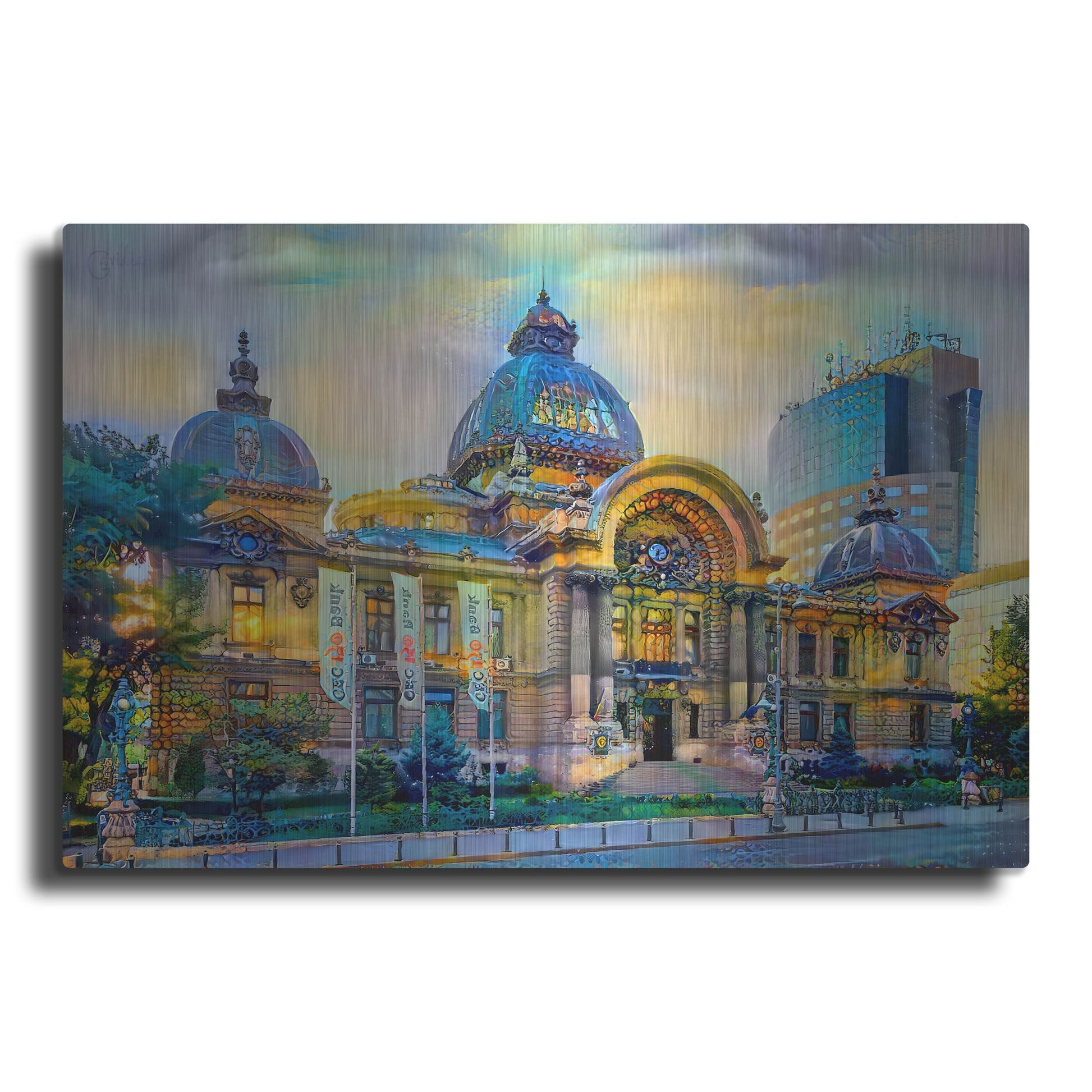 Luxe Metal Art 'Bucharest Romania Cec Palace' by Pedro Gavidia, Metal Wall Art