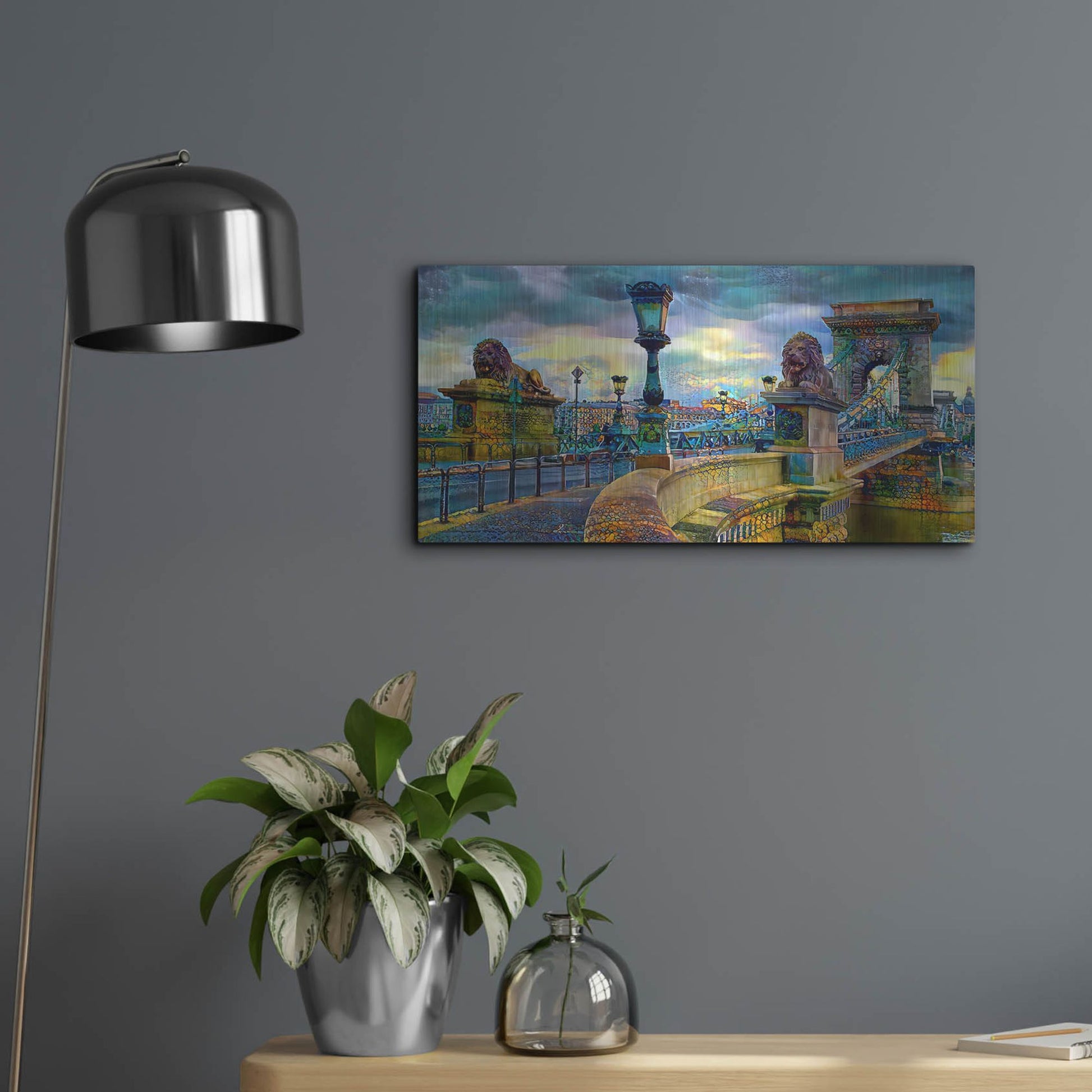 Luxe Metal Art 'Budapest Hungary Chain Bridge' by Pedro Gavidia, Metal Wall Art,24x12