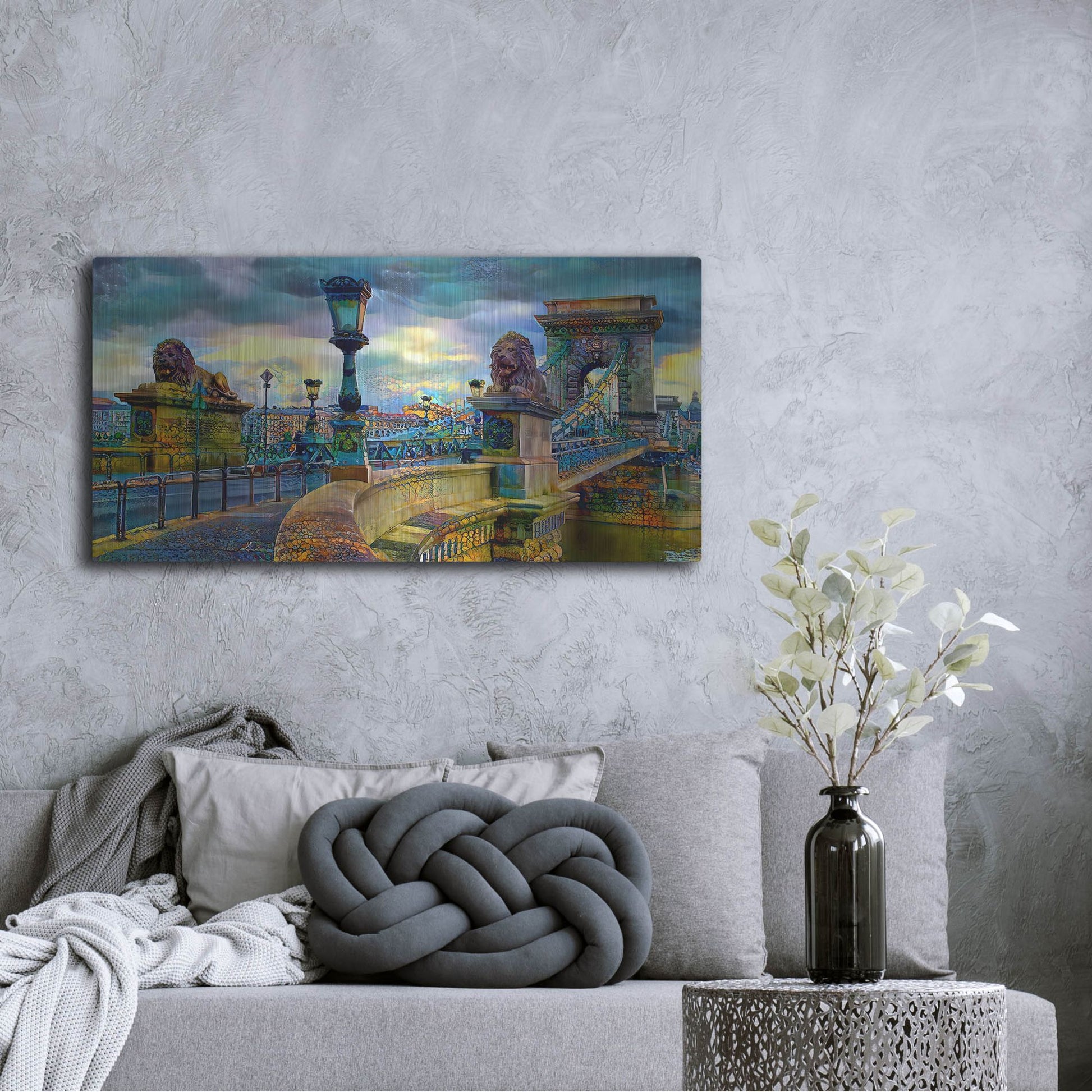 Luxe Metal Art 'Budapest Hungary Chain Bridge' by Pedro Gavidia, Metal Wall Art,48x24