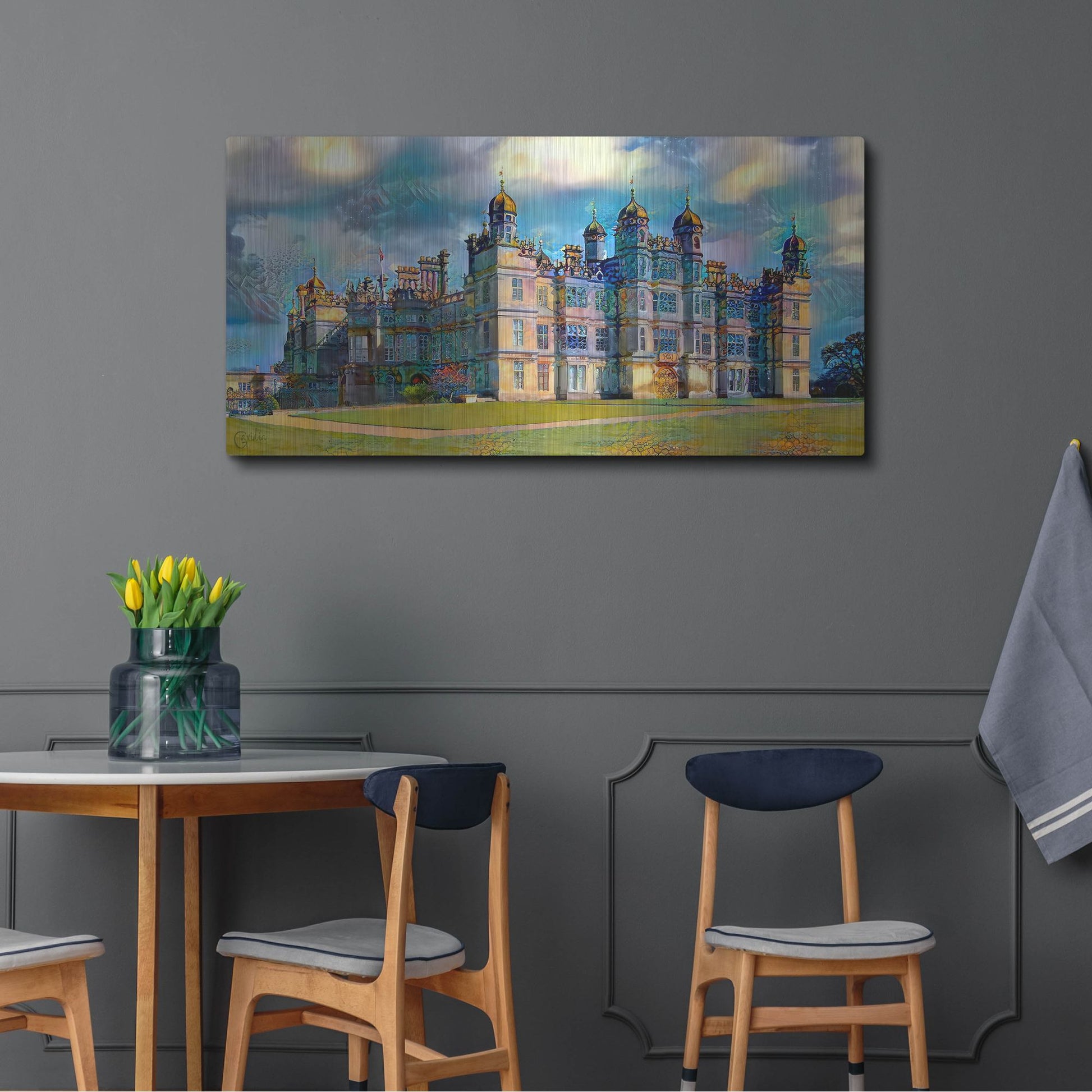 Luxe Metal Art 'England Stamford Lincolnshire Burghley House' by Pedro Gavidia, Metal Wall Art,48x24