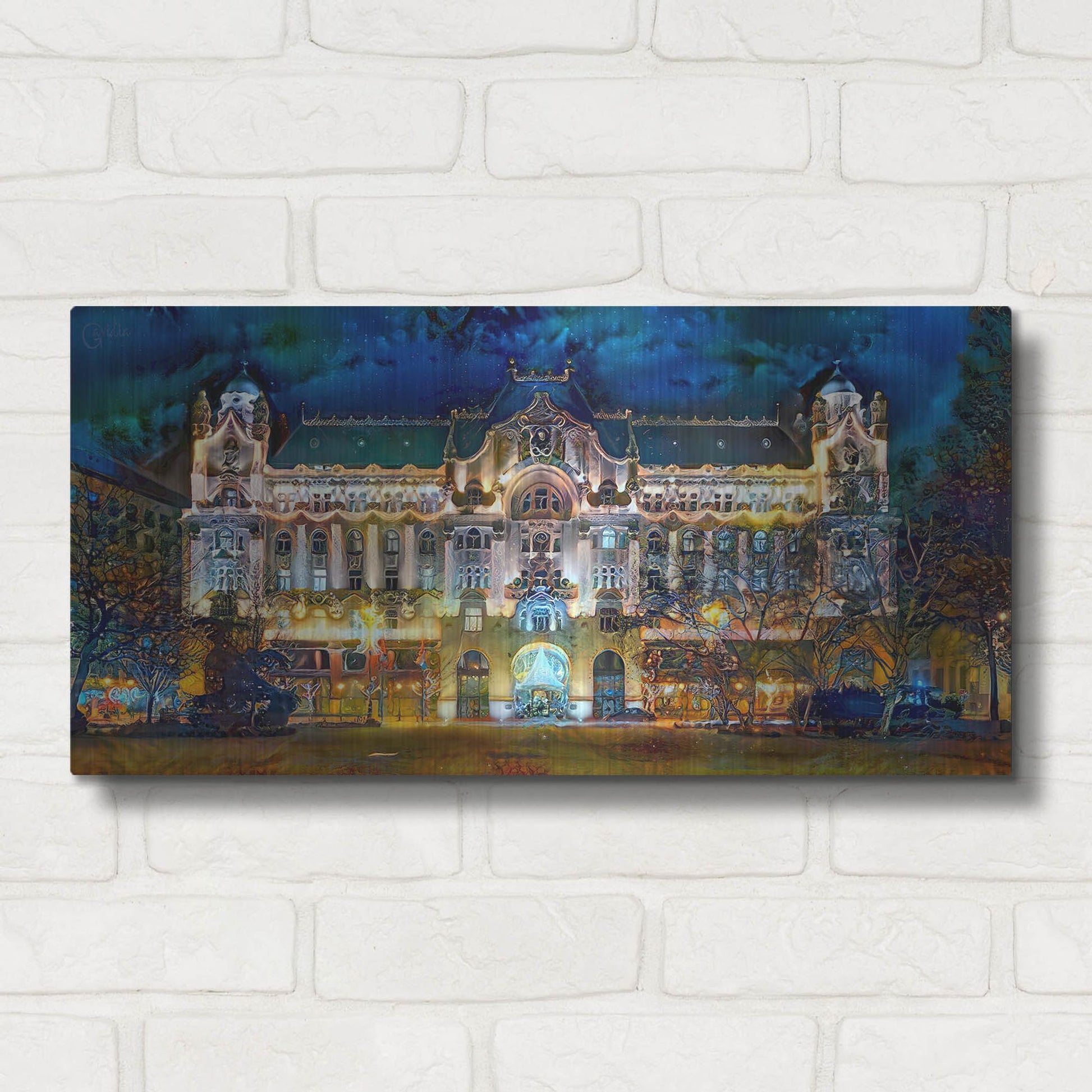 Luxe Metal Art 'Hungary Budapest Gresham Palace' by Pedro Gavidia, Metal Wall Art,24x12