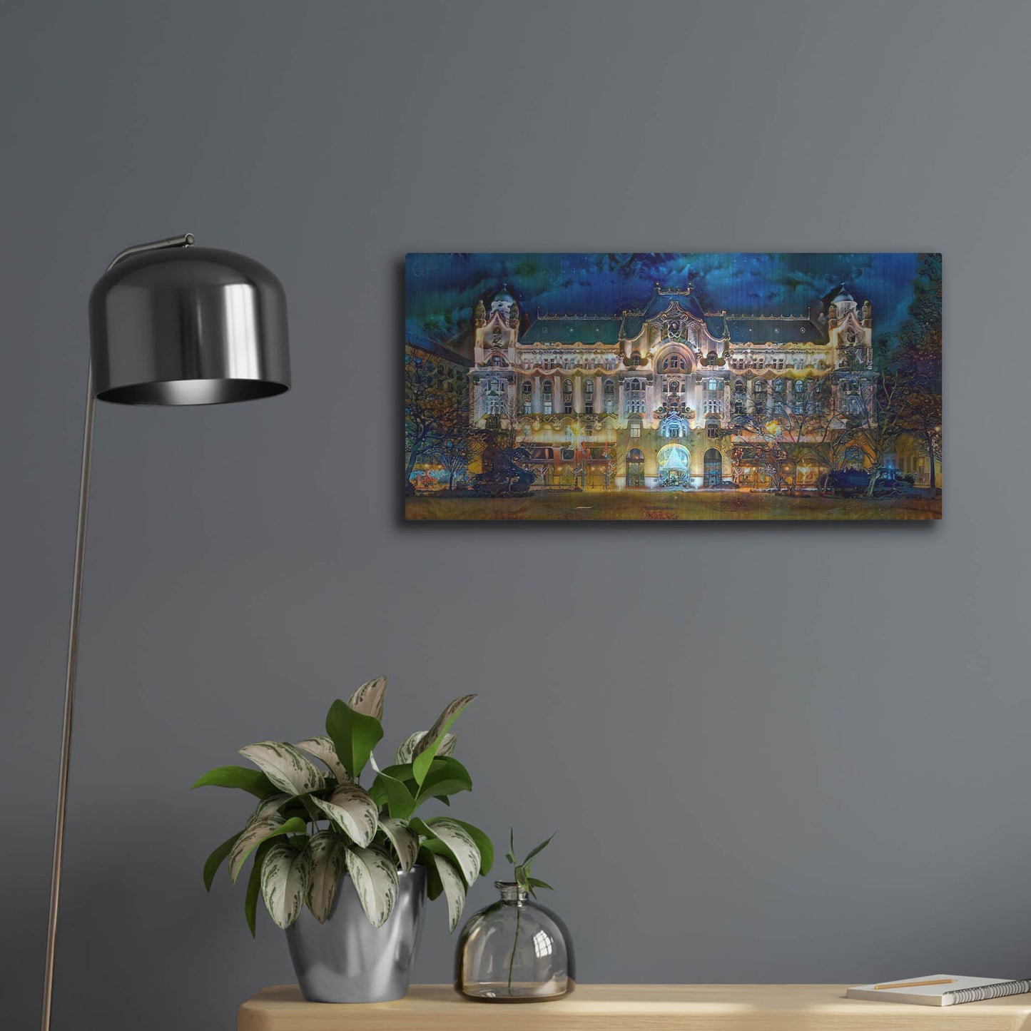 Luxe Metal Art 'Hungary Budapest Gresham Palace' by Pedro Gavidia, Metal Wall Art,24x12