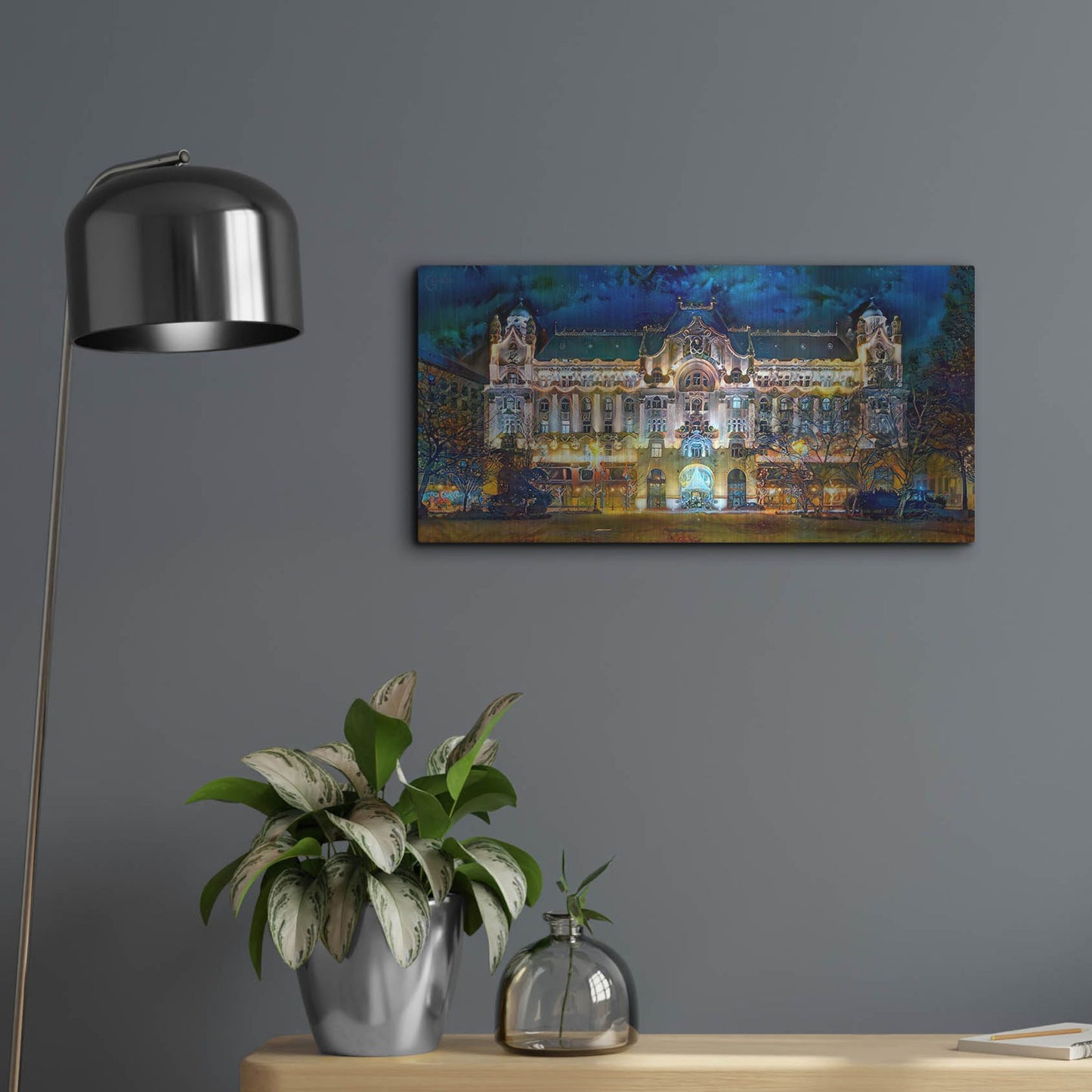 Luxe Metal Art 'Hungary Budapest Gresham Palace' by Pedro Gavidia, Metal Wall Art,24x12