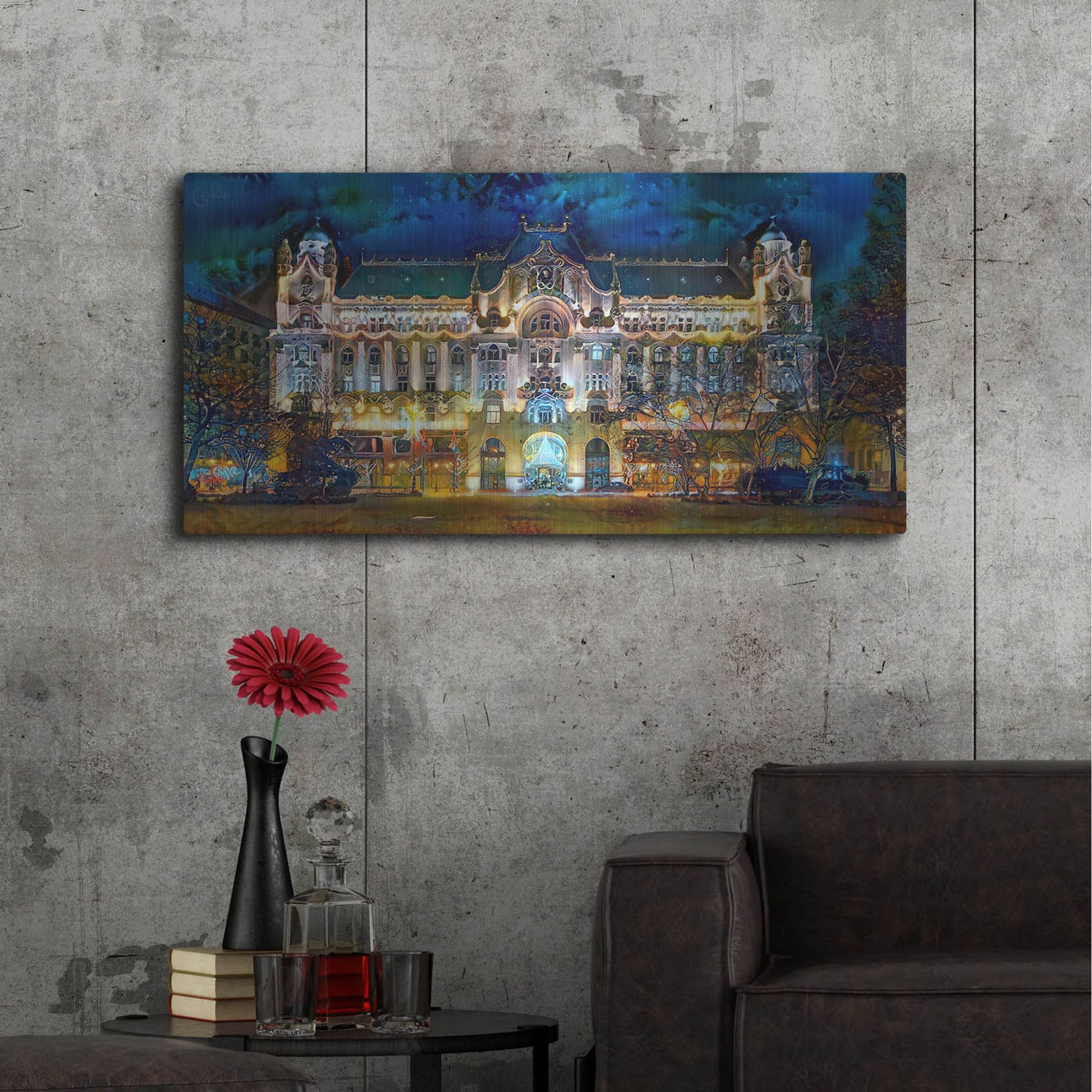 Luxe Metal Art 'Hungary Budapest Gresham Palace' by Pedro Gavidia, Metal Wall Art,48x24