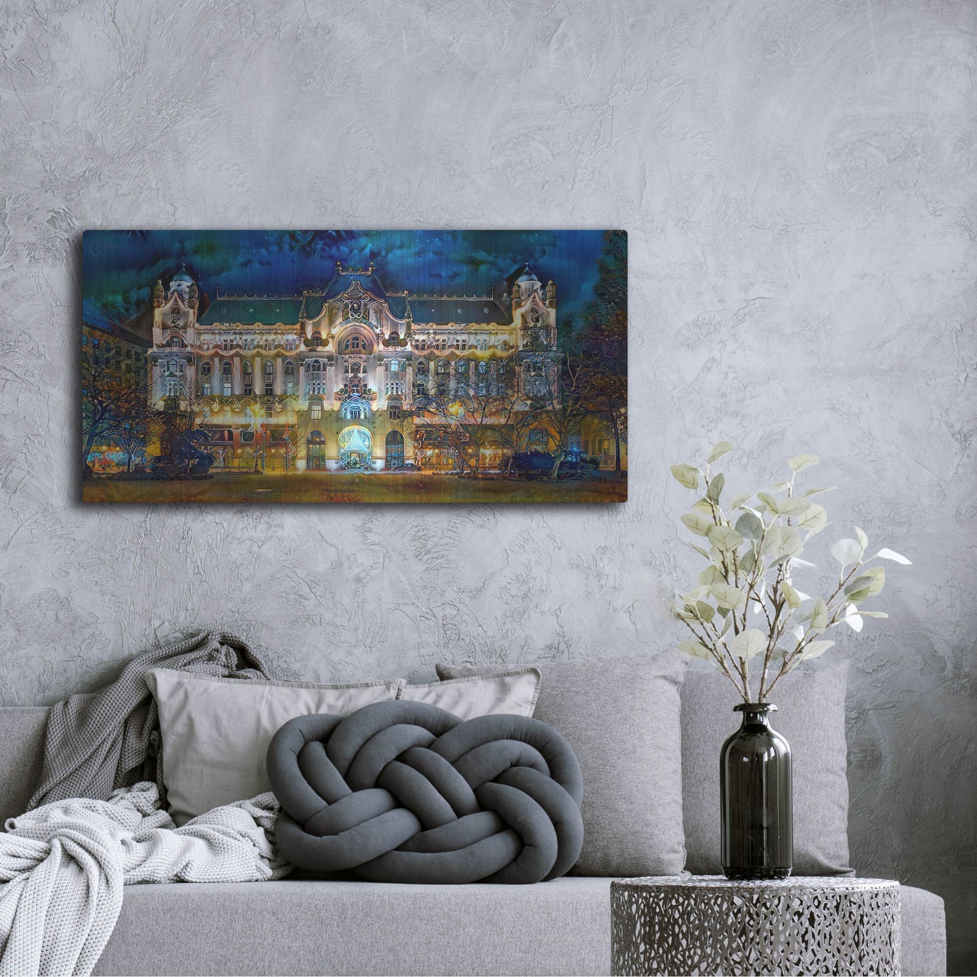 Luxe Metal Art 'Hungary Budapest Gresham Palace' by Pedro Gavidia, Metal Wall Art,48x24