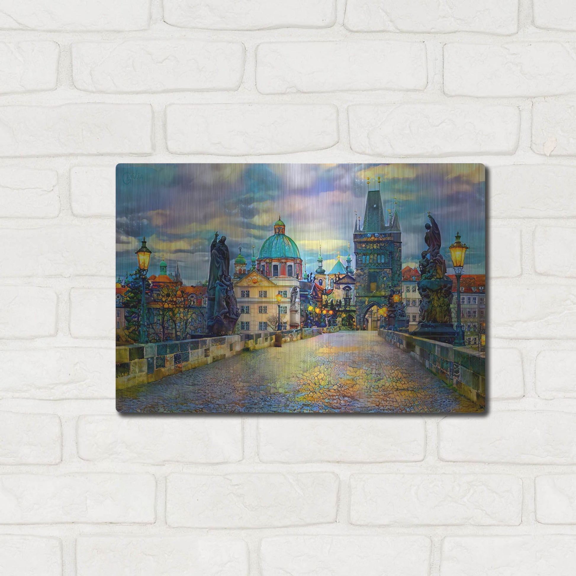 Luxe Metal Art 'Prague Czech Republic Charles Bridge' by Pedro Gavidia, Metal Wall Art,16x12