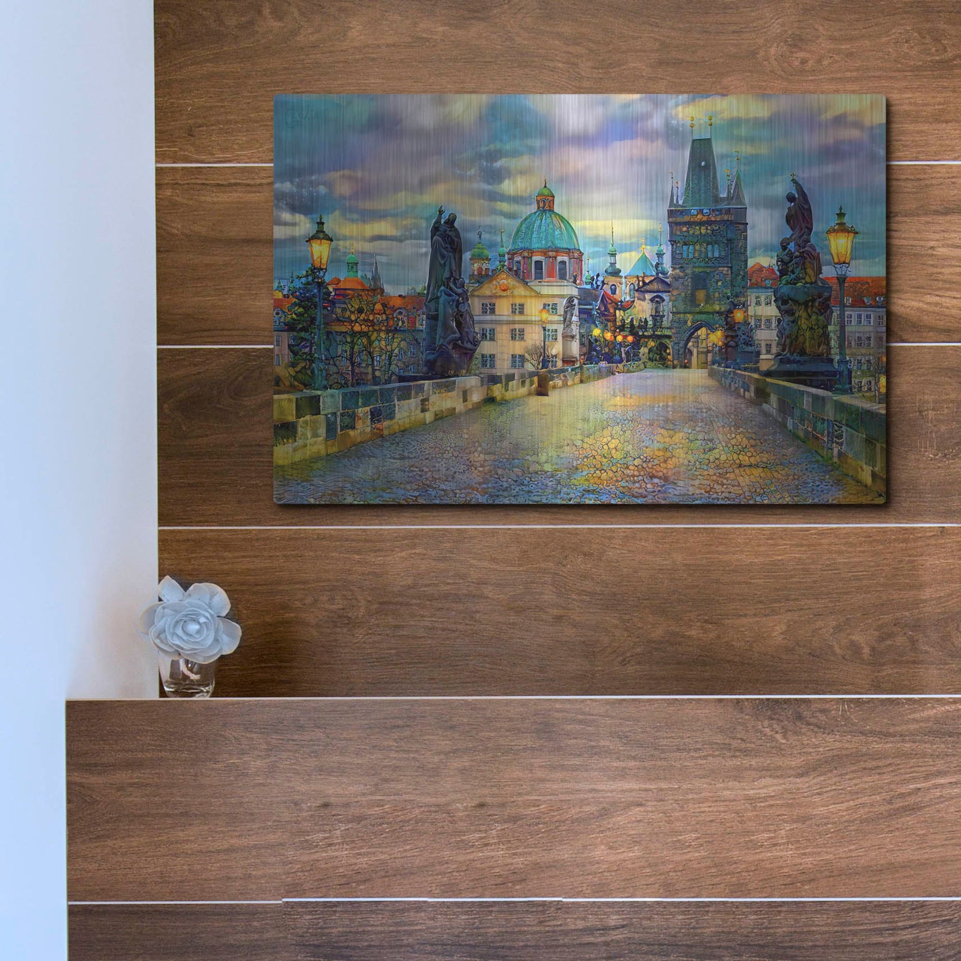 Luxe Metal Art 'Prague Czech Republic Charles Bridge' by Pedro Gavidia, Metal Wall Art,16x12