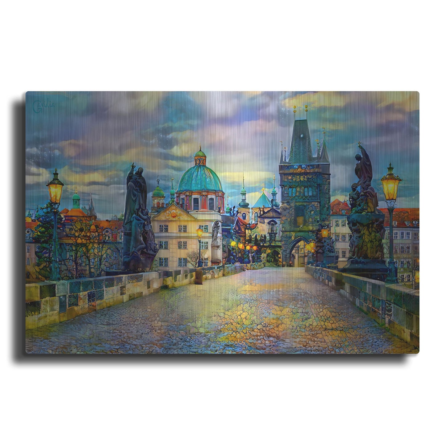 Luxe Metal Art 'Prague Czech Republic Charles Bridge' by Pedro Gavidia, Metal Wall Art