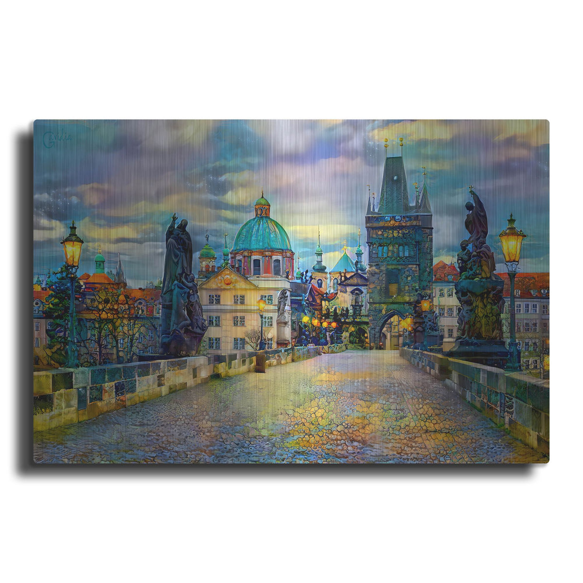 Luxe Metal Art 'Prague Czech Republic Charles Bridge' by Pedro Gavidia, Metal Wall Art