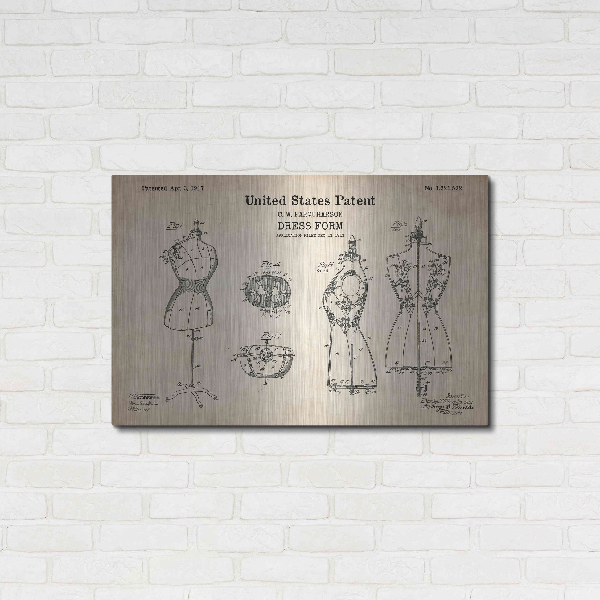 Luxe Metal Art 'Dress Form Blueprint Patent Parchment' Metal Wall Art,36x24