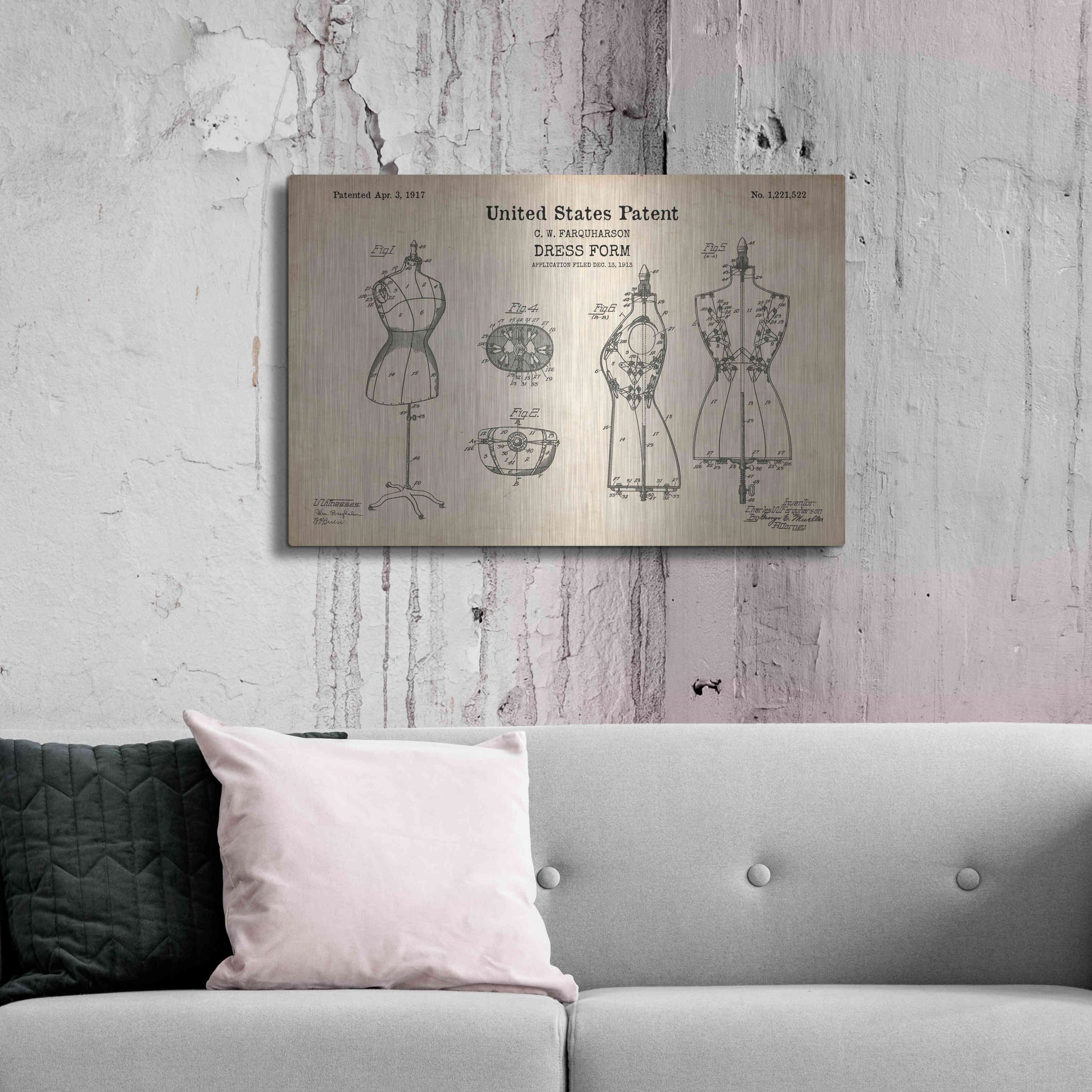 Luxe Metal Art 'Dress Form Blueprint Patent Parchment' Metal Wall Art,36x24