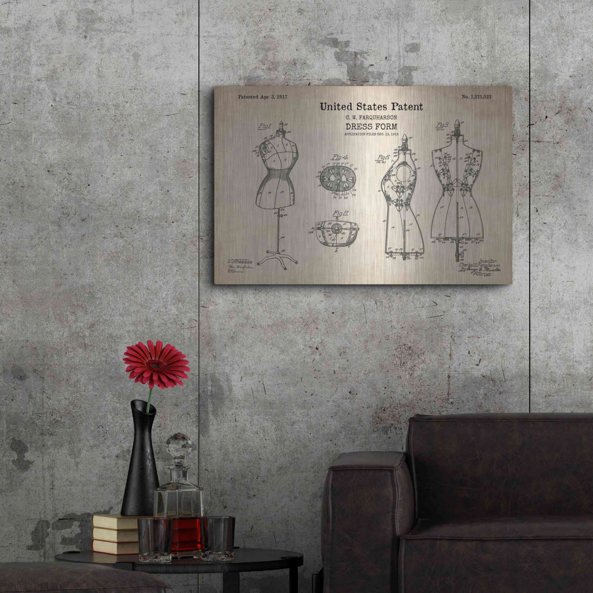 Luxe Metal Art 'Dress Form Blueprint Patent Parchment' Metal Wall Art,36x24