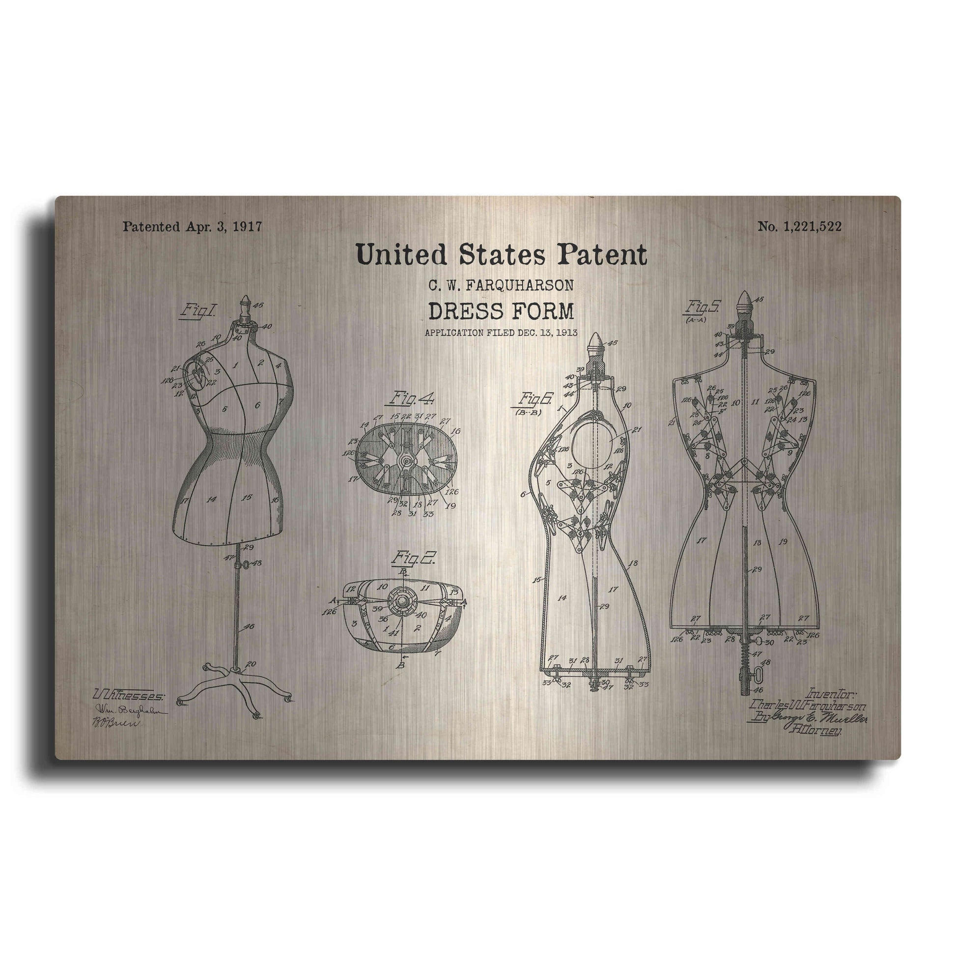 Luxe Metal Art 'Dress Form Blueprint Patent Parchment' Metal Wall Art