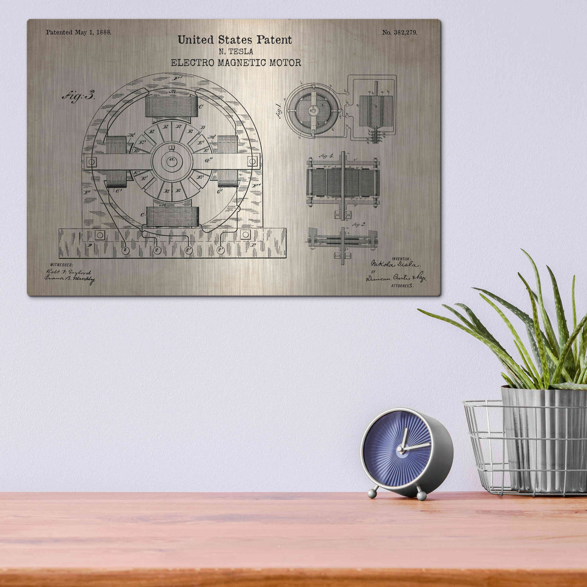 Luxe Metal Art 'Tesla Electro Magnetic Motor Blueprint Patent Parchment' Metal Wall Art,16x12