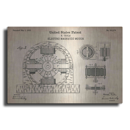 Luxe Metal Art 'Tesla Electro Magnetic Motor Blueprint Patent Parchment' Metal Wall Art