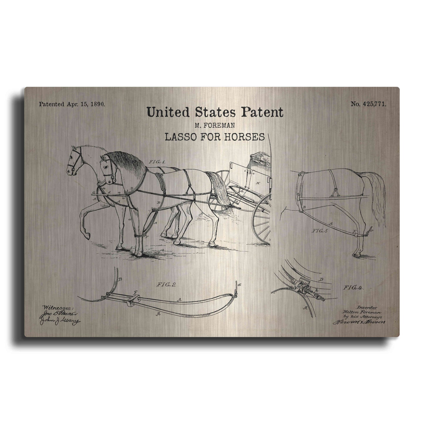 Luxe Metal Art 'Lasso for Horses Blueprint Patent Parchment' Metal Wall Art