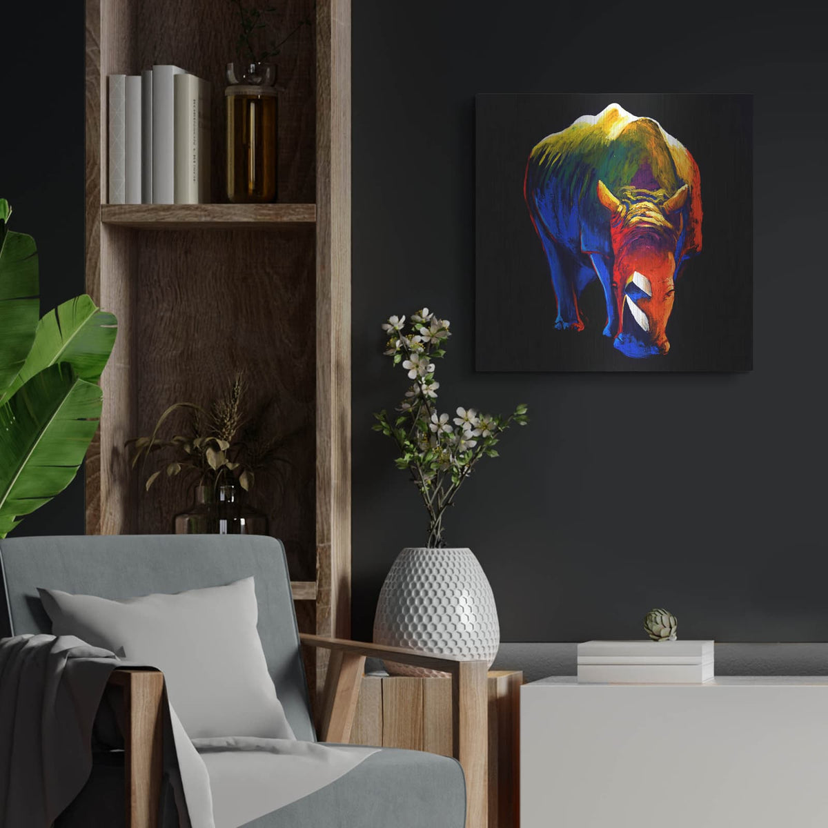 'The Rhino' by Incado – Metal Wall Art, 24x24 room view