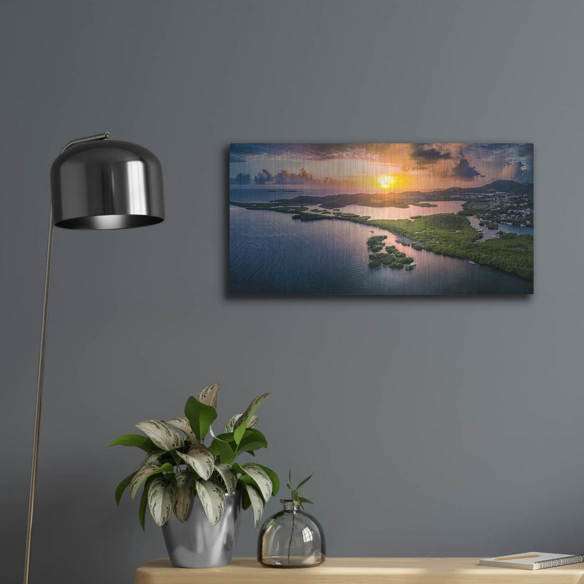 'St Thomas USVI Sunrset' by Luxe Metal Portfolio – Metal Wall Art, 24x12 room view