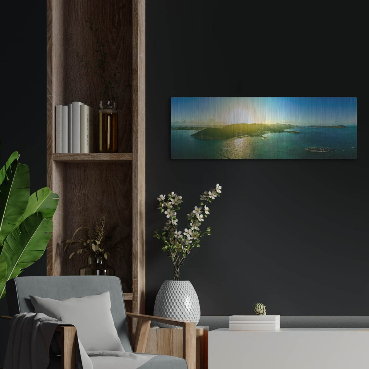 'St Thomas USVI Sunset' by Luxe Metal Portfolio – Metal Wall Art, 36x12 room view