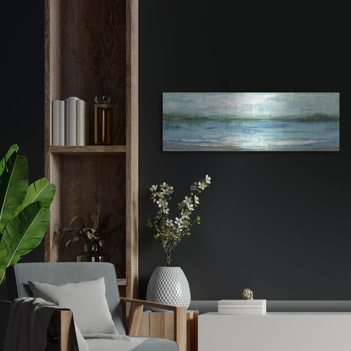 'Mirrored Sky' by Silvia Vassileva – Metal Wall Art, 36x12 room view