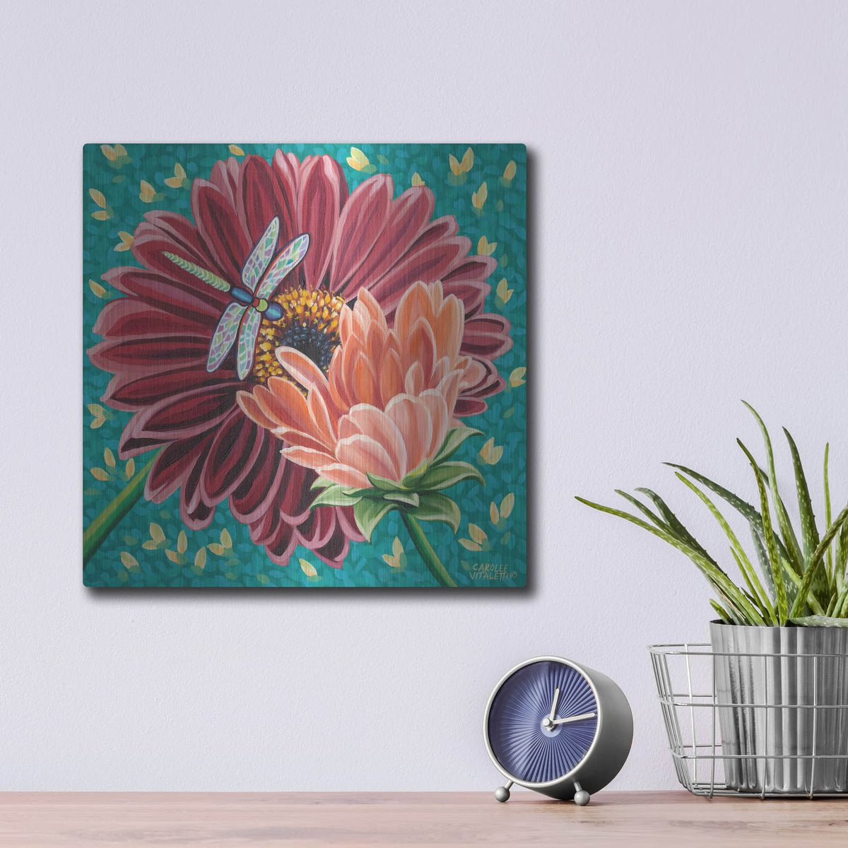 'Dragonfly on Blooms II' by Carolee Vitaletti – Metal Wall Art, 12x12 room view
