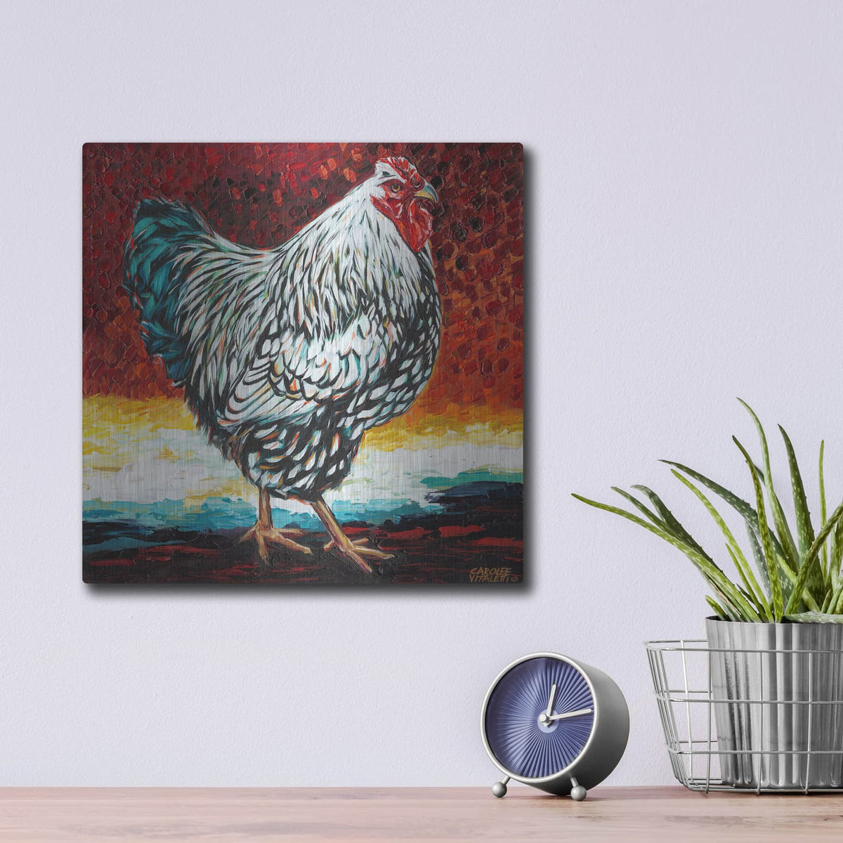 'Fancy Chicken I' by Carolee Vitaletti – Metal Wall Art, 12x12 room view