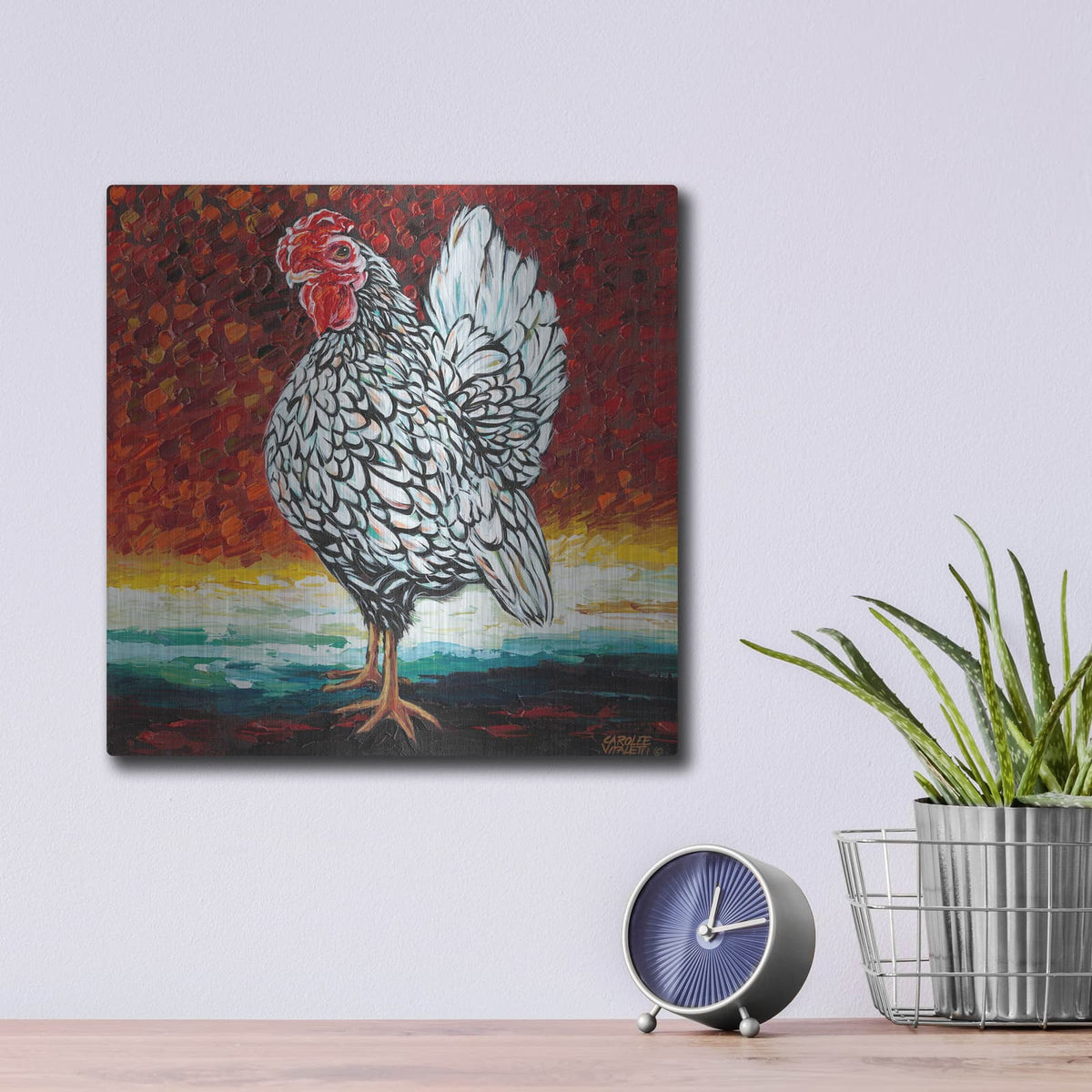'Fancy Chicken II' by Carolee Vitaletti – Metal Wall Art, 12x12 room view