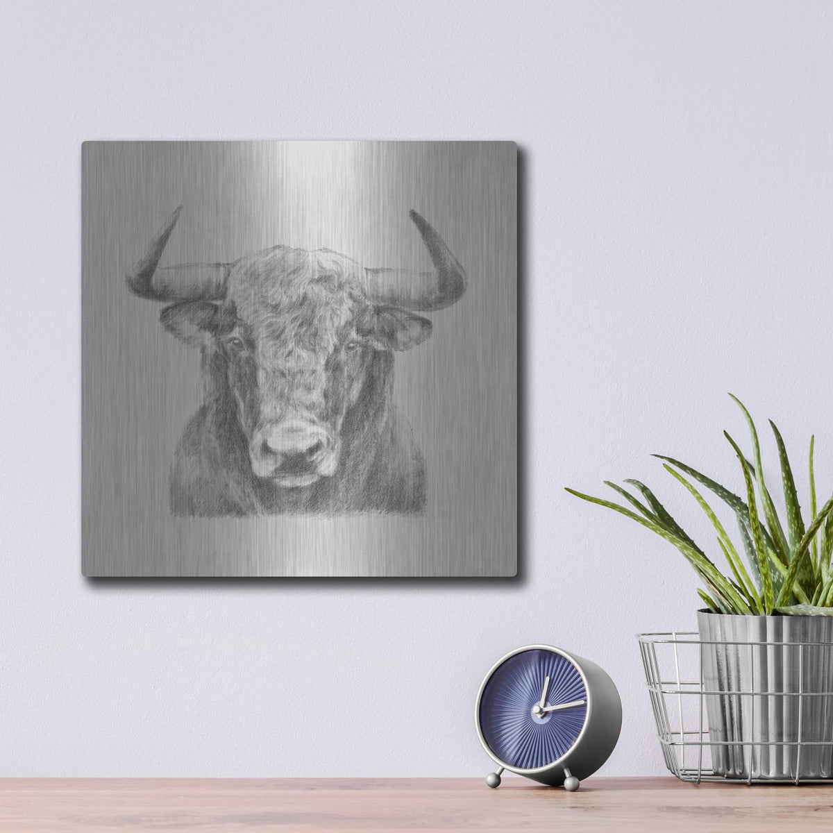 'Black and White Bull' by Ethan Harper – Metal Wall Art, 12x12 room view