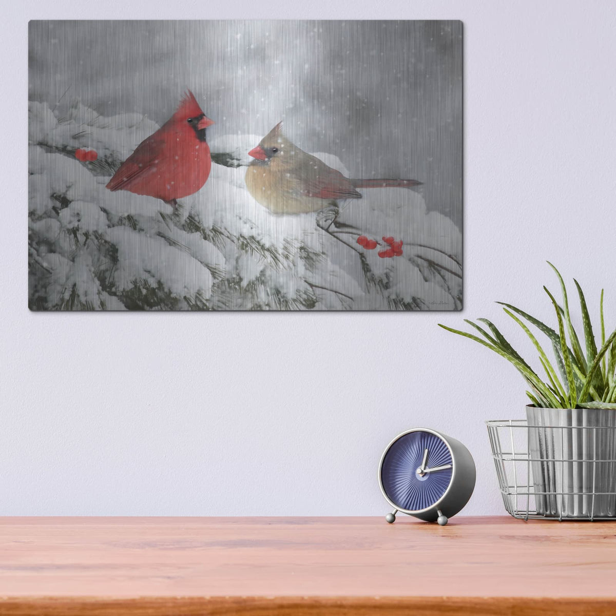 'Cardinals in Snow' by Lori Deiter – Metal Wall Art, 16x12 room view