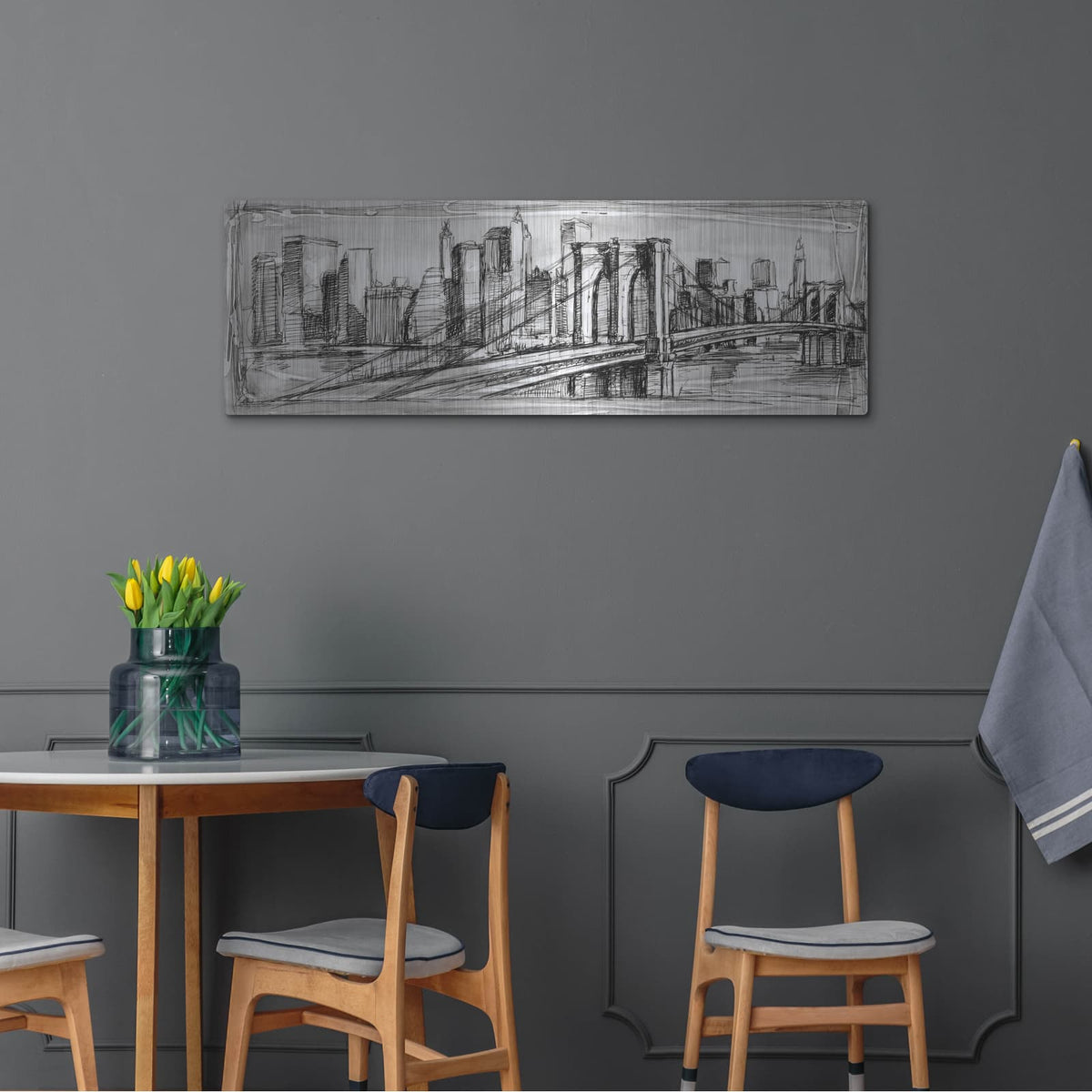'Pen & Ink Cityscape II' by Ethan Harper – Metal Wall Art, 48x16 room view