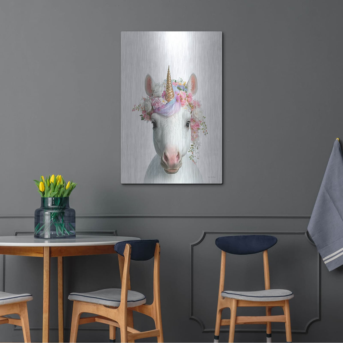 'The Mystic Unicorn' by Seven Trees Design – Metal Wall Art, 24x36 room view