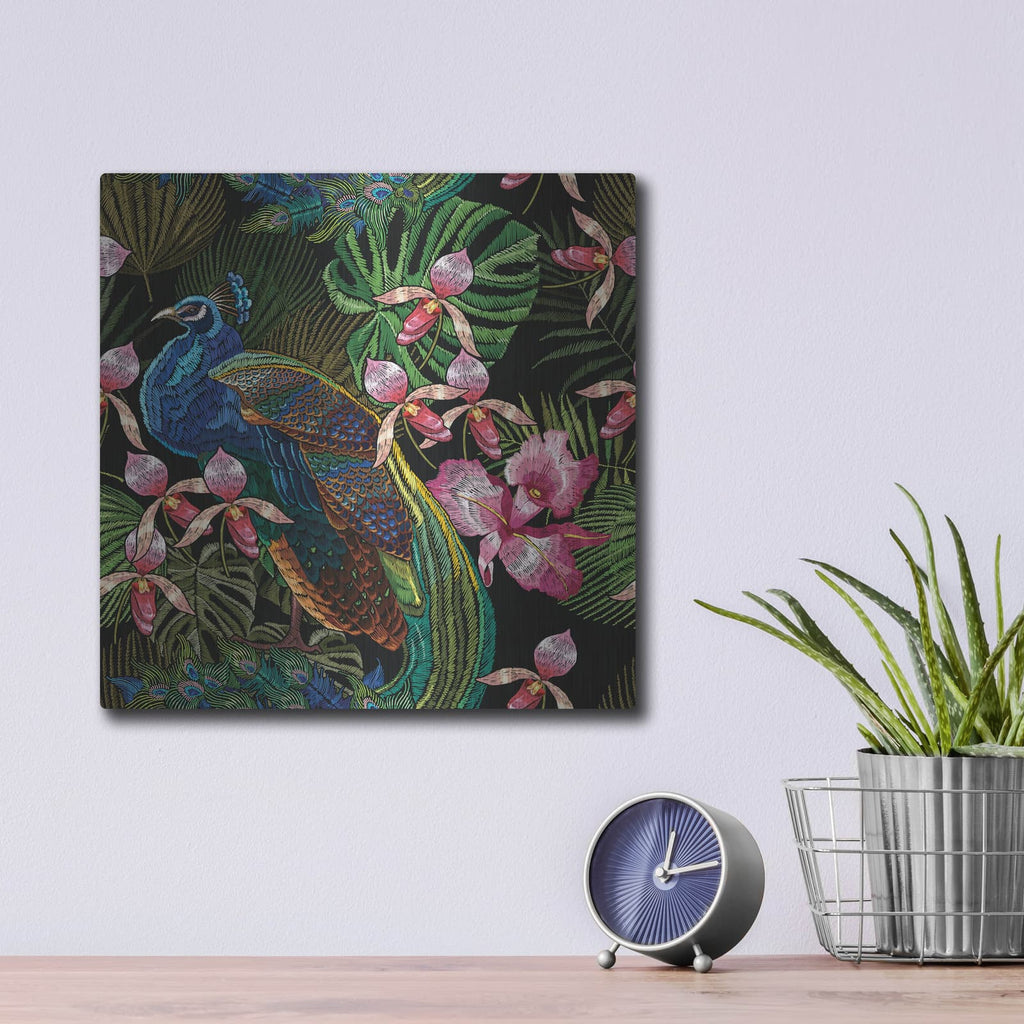 'Embroidery Peacock Exotic Tropical Flower' by Luxe Metal Portfolio – Metal Wall Art, 12x12 room view