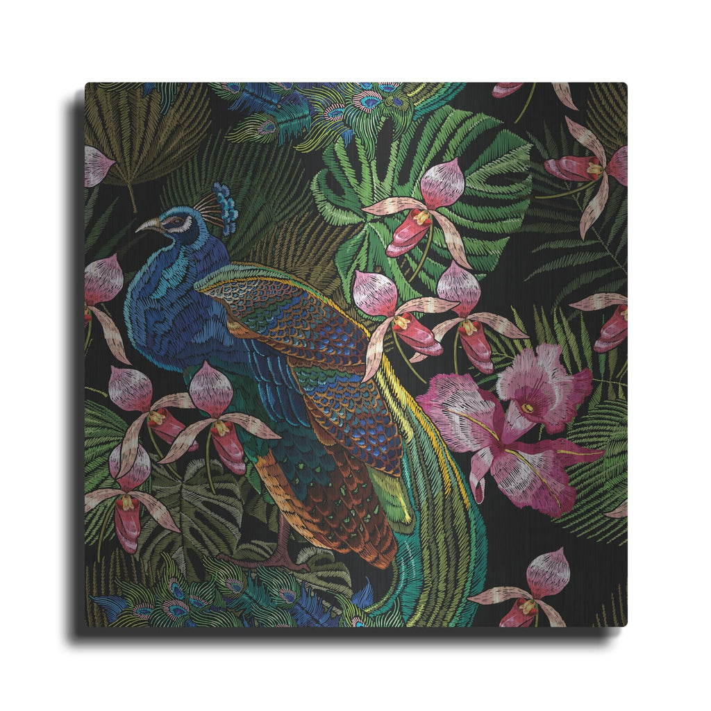 'Embroidery Peacock Exotic Tropical Flower' by Luxe Metal Portfolio – Metal Wall Art