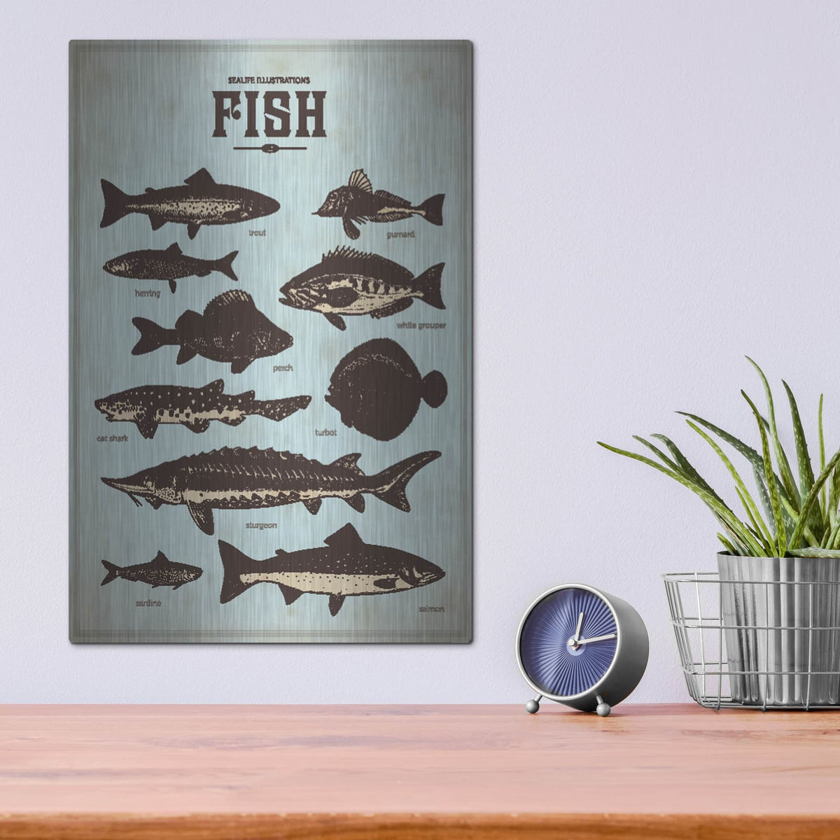 'Vintage Fish Poster' by Luxe Metal Portfolio – Metal Wall Art, 12x16 room view