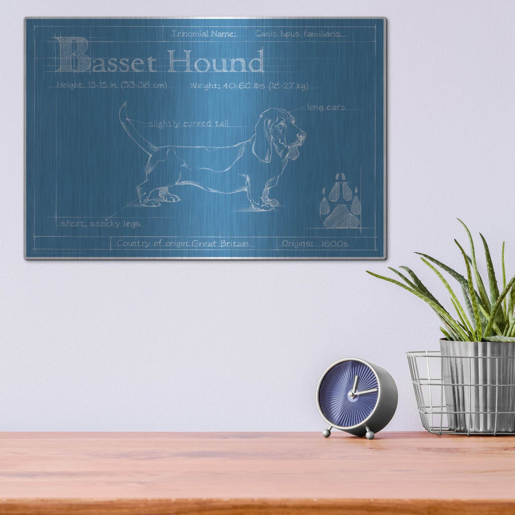 'Blueprint Basset Hound' by Ethan Harper – Metal Wall Art, 16x12 room view